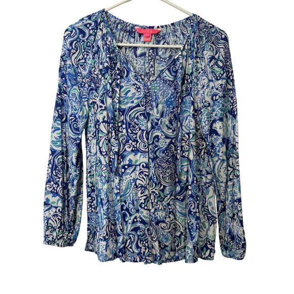 Lilly Pulitzer Women's Small Willa Blouse Shirt Blue Paisley Lightweight Resort - Picture 1 of 9